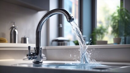 photo of a water tap with running water made by AI generative - obrazy, fototapety, plakaty