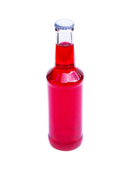 Glass bottle small with red or fruit juice liquid isolated on cut out PNG. Summer sweet iced drink or strawberry juice nectar quenches thirst.