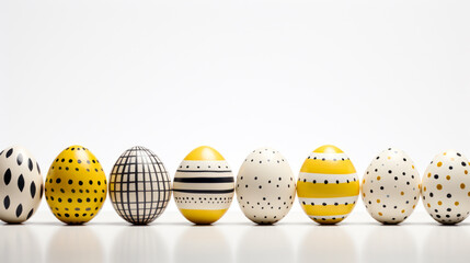 Minimalist setting of hand-painted Easter eggs on plain white backdrop