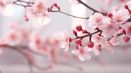 Pink sakura branches of blossoming against of blurred background on nature outdoors. Beautiful cherry blossom flower blooming, dreamy romantic image spring, flower petal, copy space. Generative AI