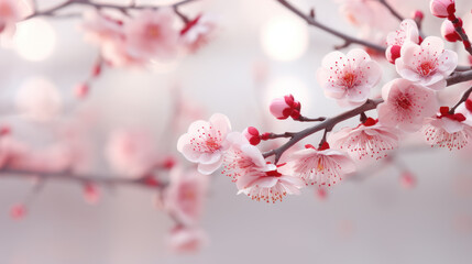 Obraz premium Pink sakura branches of blossoming against of blurred background on nature outdoors. Beautiful cherry blossom flower blooming, dreamy romantic image spring, flower petal, copy space. Generative AI