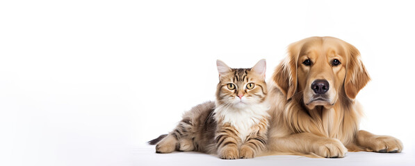 Golden Retriever dog and cat lie on a white background. Free space for product placement or advertising text. - obrazy, fototapety, plakaty