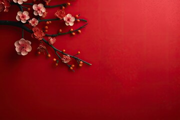 Obraz na płótnie Canvas Chinese new year decoration on red background, flat lay , copy space - generative ai