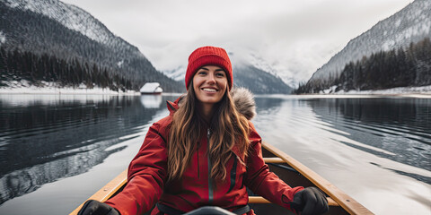 Portrait of a female tourist in a wooden kayak on a winter lake with snowy mountains in the background. - obrazy, fototapety, plakaty