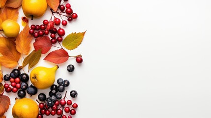 Autumn leaves and autumn fruits on Transparent white background. Space for text