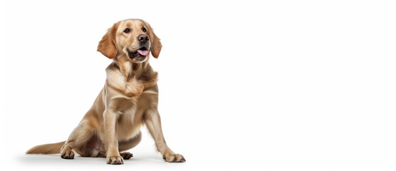 Golden Retriever dog sitting on a white background. Free space for product placement or advertising text.