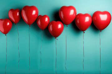 Bunch of red balloons in the shape of a heart on a turquoise background for Valentine's Day