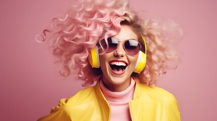 A woman with an attractive appearance, a happy disposition, and a sense of humor is jumping and listening to music while dressed in a hipster colorful outfit. she is secluded on a pink