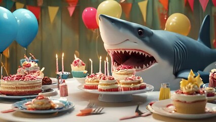 A playful shark figurine at a festive birthday party surrounded by cakes, cupcakes, and balloons
