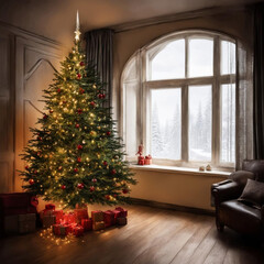 Close-up of a Christmas tree with decorations created using Generative AI