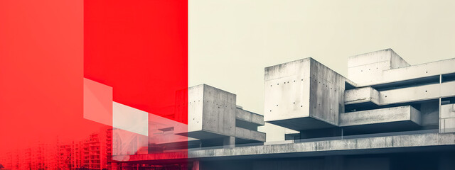 modern architectural composition, employing neo-brutalism style with a stark contrast between the building's raw concrete structures and a bold red overlay, urban design, or modern art.