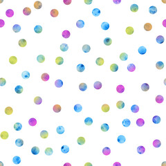 Multicolored polka dots seamless watercolor pattern. Hand drawn endless background. Texture circles simple backdrop. For fabric and wallpaper.