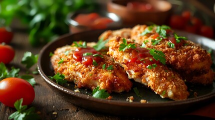 Chicken cutlets with tomato sauce and parsley on a plate. - obrazy, fototapety, plakaty