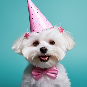 So Beautiful and cute Maltese dog puppy in birthday party. Creative animal concept  