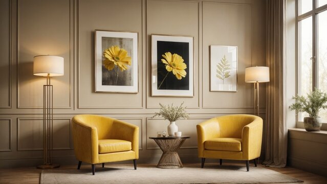 interior design living room picture frame mockup on a wall and yellow chair
