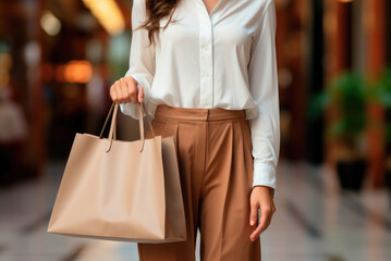 Beige shopper bag in the hands of an elegant woman