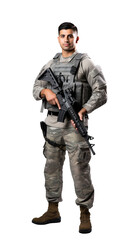Fototapeta premium Soldier in military uniform with gun, a young man isolated on transparent white background