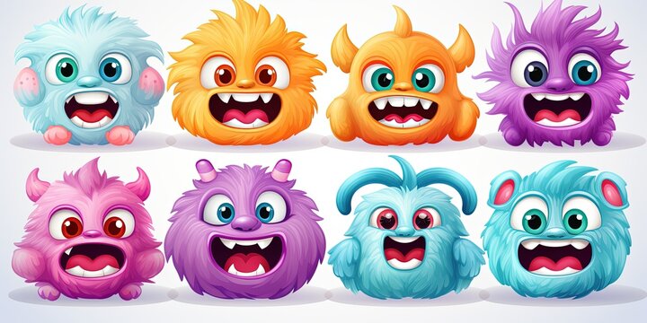 Funny shaggy furry angry monsters with big eyes