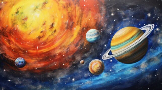space planets are drawn with pencils and paints by a child. concept space, universe, planets, children's drawing