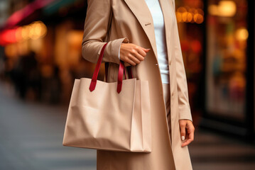 Mockup of a beige bag for applying a logo in the hands of a woman