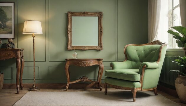 interior design living room picture frame mockup on a wall and green chair