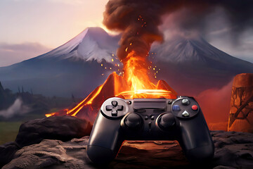 Video game controller with fire and epic medieval volcano in the background Generative AI