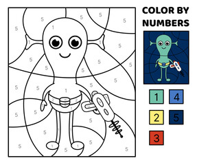 Green alien. Color by number. Coloring page. Game for kids. Kawaii, cartoon, vector