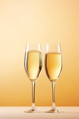 two champagne glasses against a clean beige background.