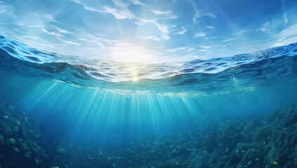 Sunbeam Below the Clear Blue Surface: Tranquil Depths of the Underwater Ocean