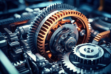 Engine with cogwheels and gears working. Industrial close-up
