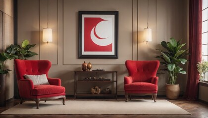interior design living room picture frame mockup on a wall and red chair