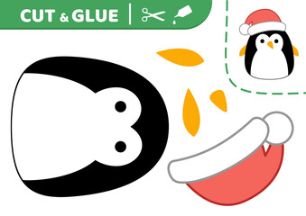 Penguin in red Christmas hat. Cut and glue. Christmas penguin. Squishmallow. Applique. Paper game. Vector