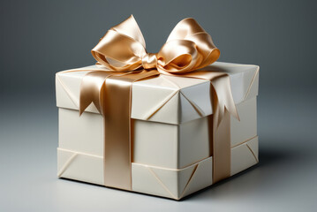 Gift box with a gold ribbon and a bow on a gray background