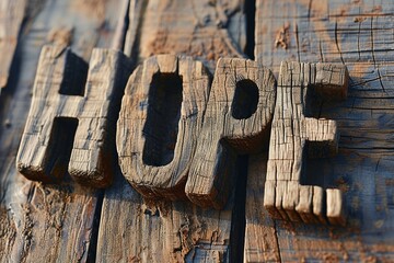 Standing out in three-dimensional relief, the wooden word 'hope' is a focal point on the textured background
