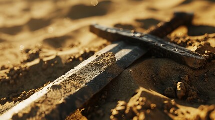 Close-Up View of a Cross Partially Buried in Sand Illuminated by Golden Sunlight