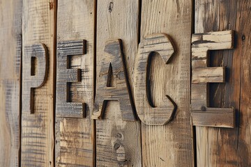 Carved into a wooden surface, the word peace imparts a sense of tranquility and serenity