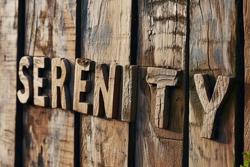 Crafted with care, the hand-carved word 'serenity' takes center stage on a textured wooden backdrop