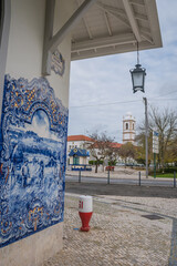 Tile in the city market overlooking the Republic garden and building tower, Santarém PORTUGAL