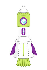 Green and purple rocket with portholes. Cartoon, vector