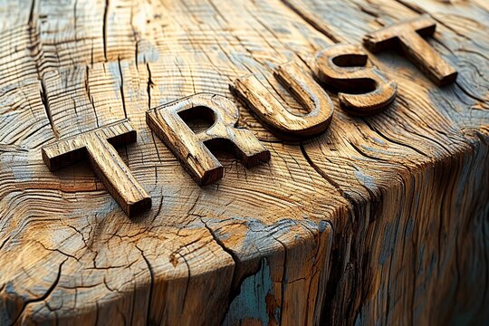 Artfully crafted, the wooden word 'Trust' takes center stage on a textured wooden backdrop