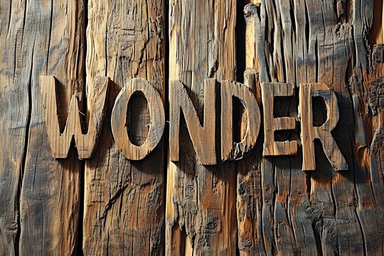 Artfully crafted, the wooden word 'wonder' takes center stage on a textured wooden backdrop