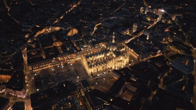 Aerial Top Down View Of Milan Cathedral Illuminated Piazza Del Duomo Di Milano And Galleria Vittorio Emanuele City Center Of Milano At Night