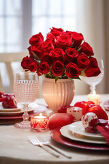 Intimate valentine's day dinner table with roses and soft light