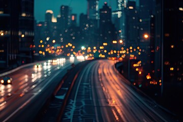 Urban night street with blurred traffic lights creating vibrant cityscape. Abstract nightlife. Glowing streets in modern city. Dynamic scene with glittering bokeh