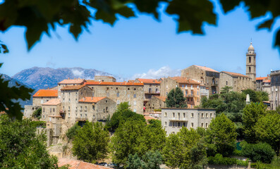 Fototapeta na wymiar View of the Beautiful City of Sartene on Corsica, France, with the Church of Sainte Marie