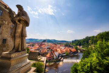 Beautiful Cesky Krumlov in the Czech Republic, as Seen from the Cloak Bridge, with a Statue of a...