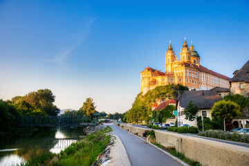 Evening in Melk, Austria, with the Famous Baroque Benedictine Monastery, Called Melk Abbey, Bathing in Sun