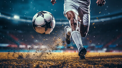 A football is played at speed by the player in the stadium - obrazy, fototapety, plakaty