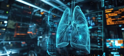Futuristic medical interface displaying human lungs in high detail. Medical technology and innovation.