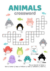 crossword with aquatic animals. English words. Educational puzzle game for kids. Cartoon, vector